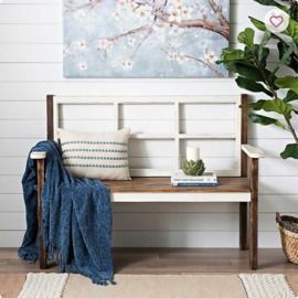 Distressed Wooden Windowpane Bench