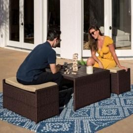 Back in Stock! 3-Piece Outdoor Wicker Coffee Table Conversation Set w/ Ottoman Benches