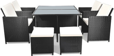 9pc Patio Rattan Dining Set w/ Glass Table Top