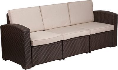 HOT! Flash Furniture Faux Rattan Sofa with All-Weather Beige Cushions