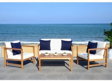 Crocett 4 Piece Sofa Seating Group w/ Cushions, Navy Blue & White/Teak