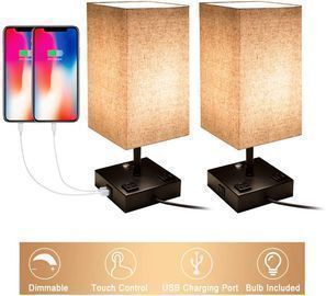 Two Touch Control Dimmable Table Lamps w/ USB Charging Ports & AC Outlets