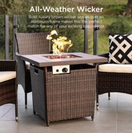 28 Fire Pit Table 50,000 BTU Wicker Propane w/ Faux Wood Tabletop