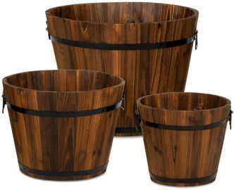 Set of 3 Rustic Wood Bucket Barrel Garden Planters Set