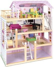 4-Level Kids Wooden Dollhouse w/ 13 Furniture Accessories