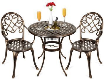 Cast Aluminum Patio Bistro Set W/ Ice Bucket, Chairs, Copper Finish