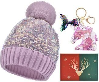 Winter Sparkling Knitted Beanie Hat + Keychain