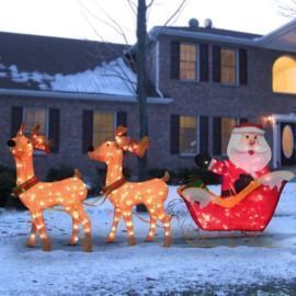 Santa w/ 2 Deer Sleigh Christmas Decoration Lighted Display