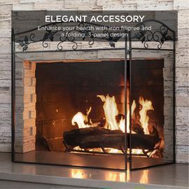 3 Panel Handcrafted Wrought Iron Decorative Leaf Fireplace Screen