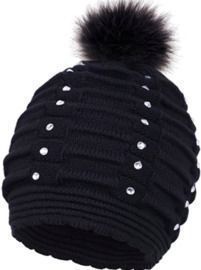 Cable Knit Beanie with Sequins and Faux Fur Pompom