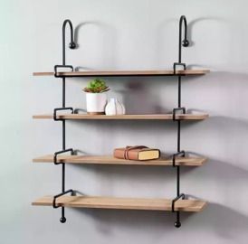Wood and Slatpipe 4-Tier Wall Shelf