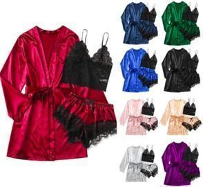 Sleepwear 3 Piece Floral Lace Trim Satin Robe and Pajama Set