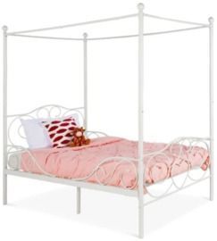 Classic 4-Post Metal Canopy Twin Bed Frame w/ Heart Scroll Design