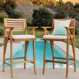 Set of 2 Outdoor Acacia Wood Bar Stools w/ Weather-Resistant Cushions