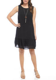 AGB Women's Gauzy Textured Sleeveless Shift Dress with Flounce & Necklace