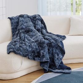 Low-Voltage Faux Fur Sherpa Electric Heated Blanket- Navy