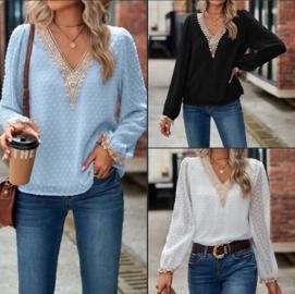 Lace Trim V-Neck Dotted Top