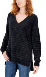 Women's Fuzzy Oversized Metallic-Stripe V-Neck Sweater